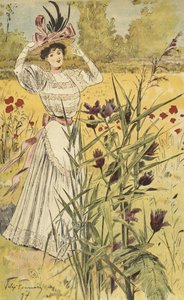 田舎のファッションプレート、「ラヌーヴェルモード」のイラスト、1897年（カラー彫刻） 作： Felix Fournery